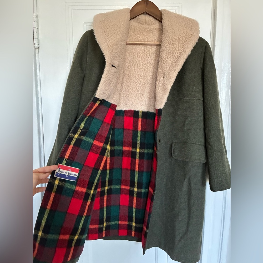 *EUC* 1960s Vintage Wool Shearling Coat in Loden Green S/XS Union Made in USA